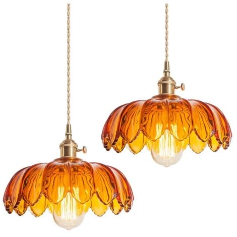 WOTTES Vintage Ceiling Pendant Light Glass Lotus Hanging Light Indoor Chandelier for Loft Coffee Bar Kitchen Island 2Pcs Amber