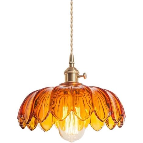WOTTES Vintage Ceiling Pendant Light Glass Lotus Hanging Light Indoor Chandelier for Loft Coffee Bar Kitchen Island Amber