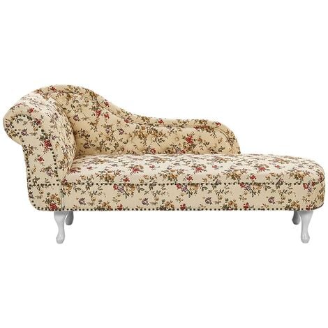 Vintage Chaise Lounge Polyester Fabric Flower Pattern Beige Left Hand Nimes - Multicolour
