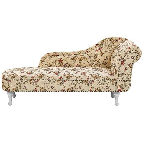 Vintage Chaise Lounge Polyester Fabric Flower Pattern Beige Right Hand Nimes - Multicolour