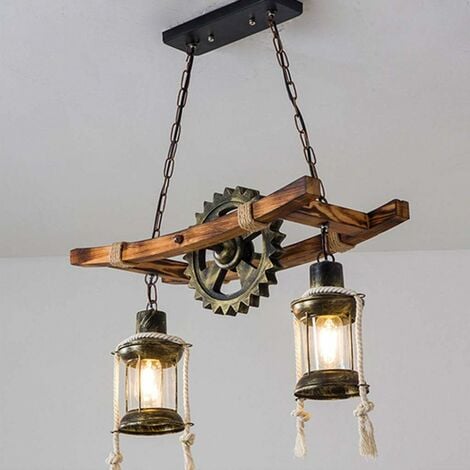 KARTOKNER Vintage Chandeliers Natural Wood Pendant Light Retro Hanging Metal Wood E27 Adjustable Height Suspension Lamp Droplight Lighting Industrial Ceiling Lights Dining Room Kitchen Cafe Bar