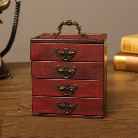 Vintage chinesische Schmuckaufbewahrungsbox, orientalische Holzbox mit 4 Fächern, kompaktes Design für Ohrringe und Accessoires