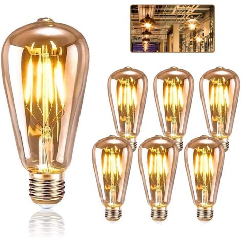 Vintage Edison E27 Glühbirne, Edison LED E27 ST64 4W Lampe, Retro Glühfaden Edison Glühbirne, Vintage antike dekorative warm weiße Lampe für Restaurant, Kaffee, Fenster, Ausstellungsräume-6 Packs(Nich