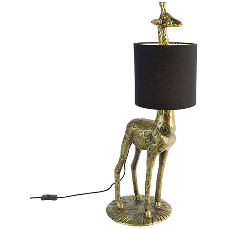 Vintage floor lamp brass fabric shade black - Giraffe To - Gold/Messing