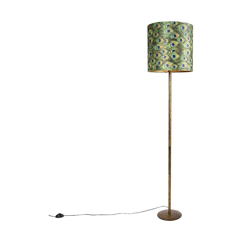 Vintage Floor Lamp Distressed Gold with 40cm Peacock Shade - Simplo - Peacock feather print