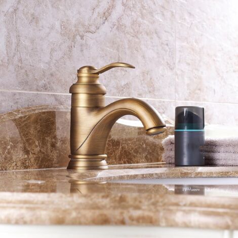 Vintage gold single-hole mixer tap for washbasin, hot/cold single handle elegant design
