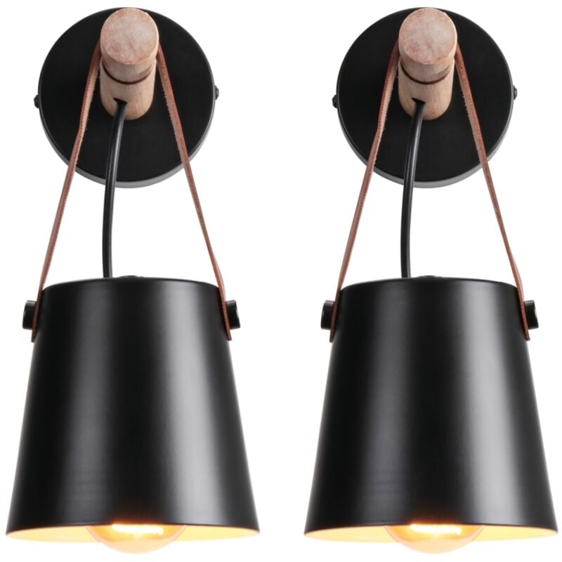 Wottes - E27 Vintage Wall Light Wooden Metal Leather Wall Lamp Adjustable Black Wall Sconce 2 Pack