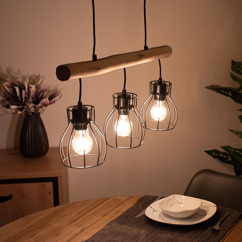 Image of Etc-shop - Lampada a sospensione design in legno con paralumi a griglia lampada a sospensione con travi in legno 3 fiamme, metallo nero legno