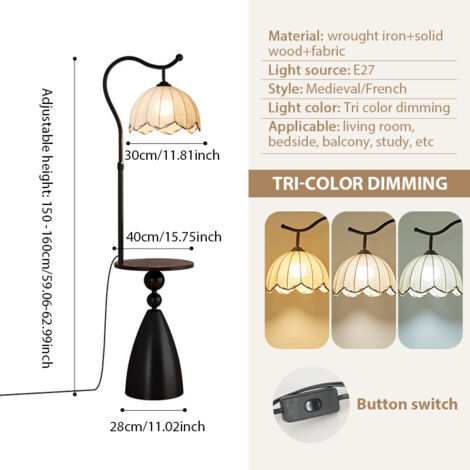 Vintage lampadaire design fleurs de lys avec tablette, dimmable avec 3 couleurs de lumière, ampoule E27 incluse, hauteur réglable, abat-jour en tissu, noir