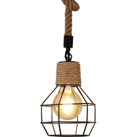 Vintage Lámpara Colgante Madera Cuerda de Cáñamo, Lámpara de Techo Colgante Altura Ajustable, Luz Colgante Industrial Retro E27 para Comedor, Salon, Cafetería