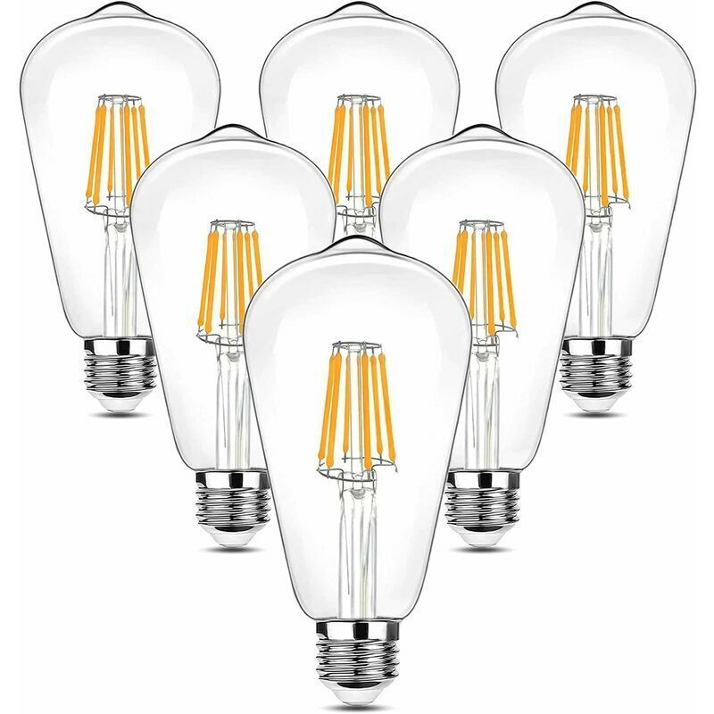 6 Pièces Vintage led Ampoule Edison, 90-265V 6W (Incandescent équivalent 60W) Ampoule E27, 600LM 2700K led Blanc Chaud, ST64 Rétro Antique Style