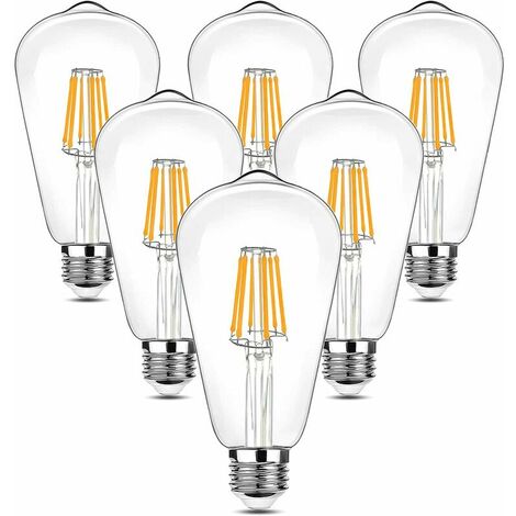 Vintage LED Ampoule Edison, 90-265V 6W (Incandescent équivalent 60W) Ampoule E27, 600LM 2700K LED Blanc Chaud, ST64 Rétro Antique Style Lampe de Décoration, Pour le Restaurant Barre (6 Pièces)
