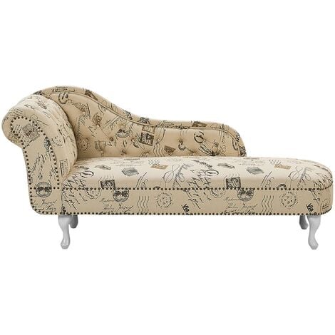 Vintage Left Hand Chaise Lounge Polyester Fabric Stamp Print Nimes - Beige