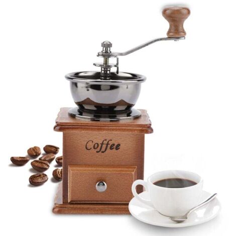 Vintage manual coffee grinder in aged wood with adjustable gear setting for home, office and travel