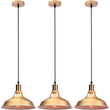 Vintage Metal Chandelier, Hanging Light with Dome Lampshade, Retro Industrial Pendant Light Ø27cm Gold and White, 3PCS