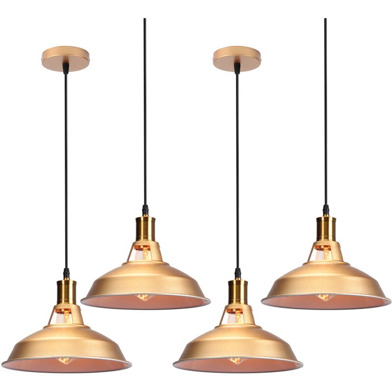 Vintage Metal Chandelier, Hanging Light with Dome Lampshade, Retro Industrial Pendant Light Ø27cm Gold and White, 4PCS