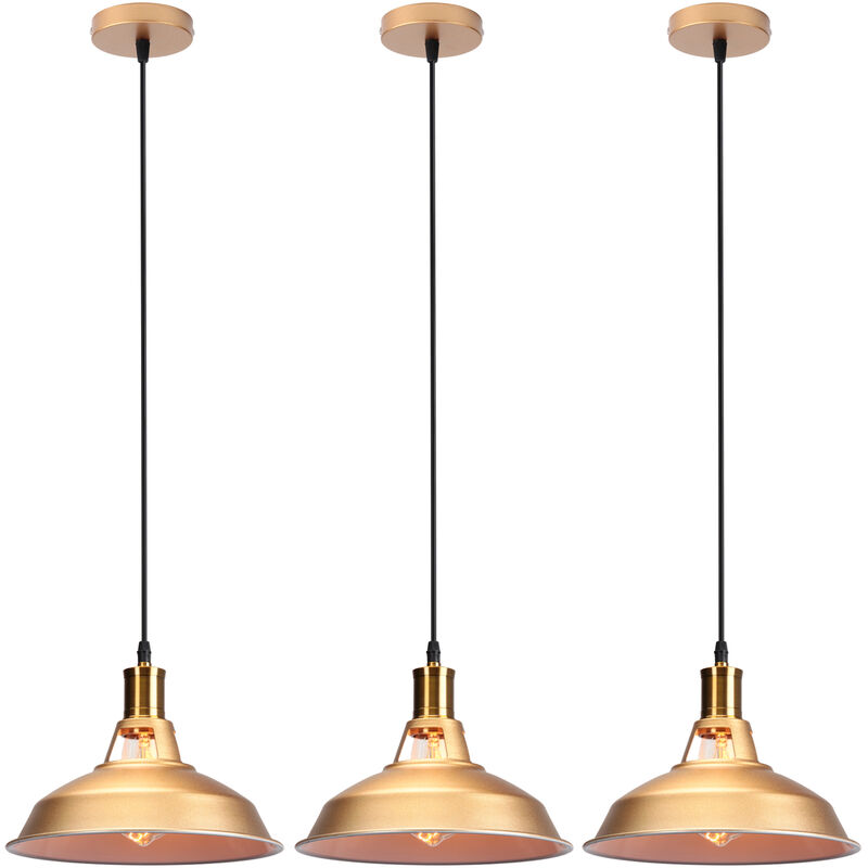 Vintage Metal Chandelier, Hanging Light with Dome Lampshade, Retro Industrial Pendant Light Ø27cm Gold and White, 3PCS