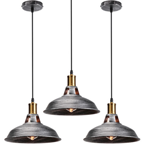 Vintage Metal Chandelier, Hanging Light with Dome Lampshade, Retro Industrial Pendant Light Ø27cm Grey, 3PCS