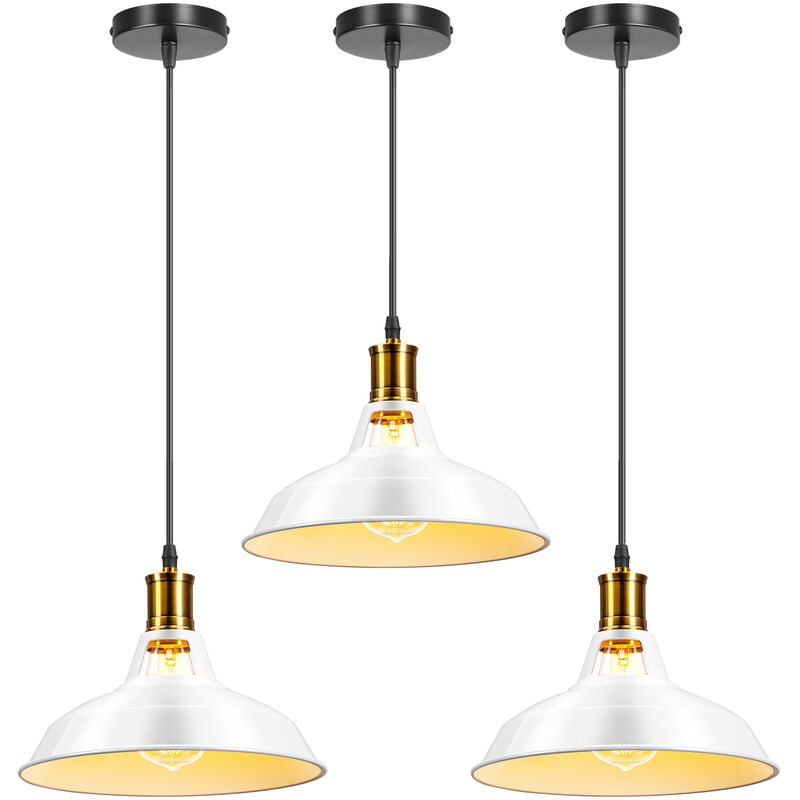 Vintage Metal Chandelier, Hanging Light with Dome Lampshade, Retro Industrial Pendant Light Ø27cm White, 3PCS