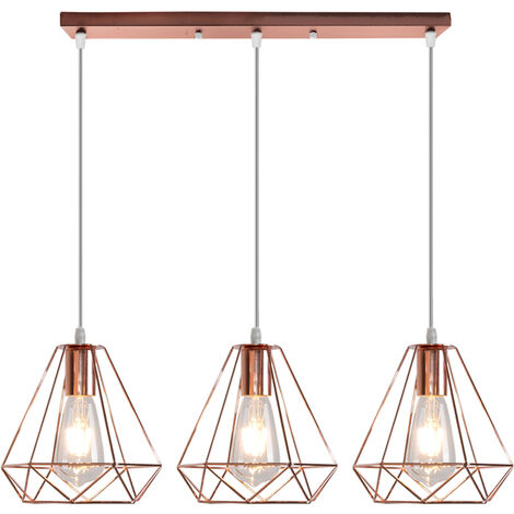 Vintage Metall 20cm Pendelleuchte, Lüster in Rautenform, 3-flammige E27 Lüster + Rechteckige Stütze für Küche Wohnzimmer Restaurant Rosegold
