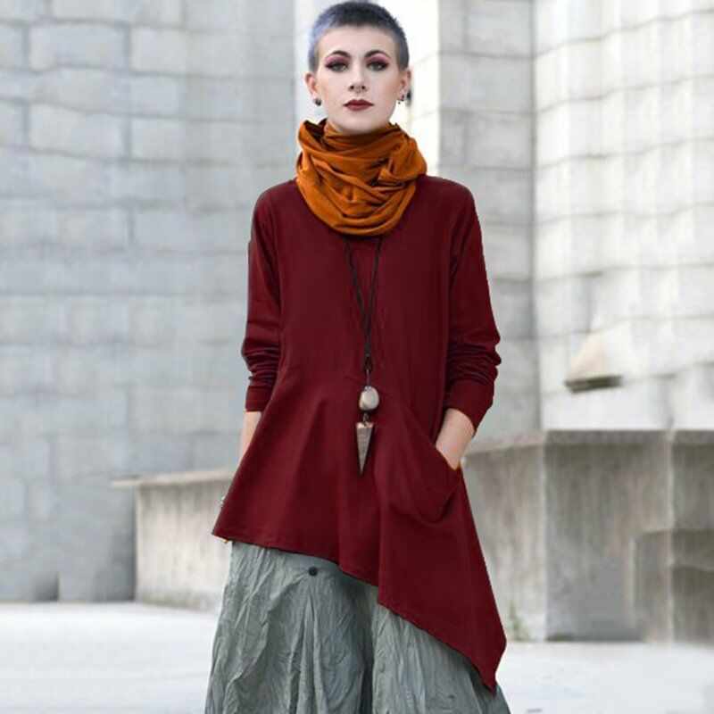 

Vintage mujer Maxi vestido solido mangas largas bolsillo con cuello en V dobladillo asimetrico talla grande vestido suelto,Borgona, XL
