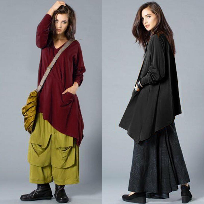 

Vintage mujer Maxi vestido solido mangas largas bolsillo con cuello en V dobladillo asimetrico talla grande vestido suelto,Borgona, XXXL