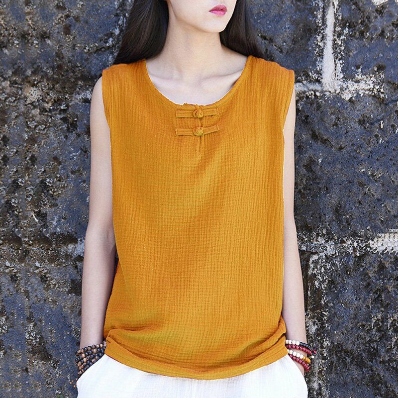 

Vintage mujeres etnicas blusa de algodon sin mangas botones de rana O cuello suelto chaleco de gran tamano camiseta sin mangas,Amarillo, M