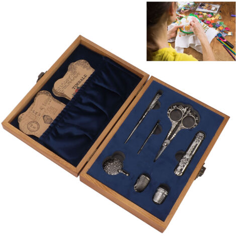 Vintage Nähwerkzeugkasten: Europäisches Stickscheren-Set aus Edelstahl mit komplettem Zubehör (Nadeln, Spulen, Holzbox) für Bastelprojekte