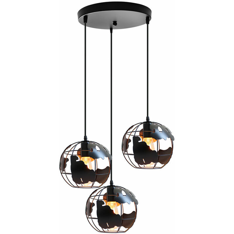 Vintage Pendant Lamp Creative Earth Shape Chandelier Metal 3 Lamp Sprial Hanging Light for Bedroom Cafe Bar Black