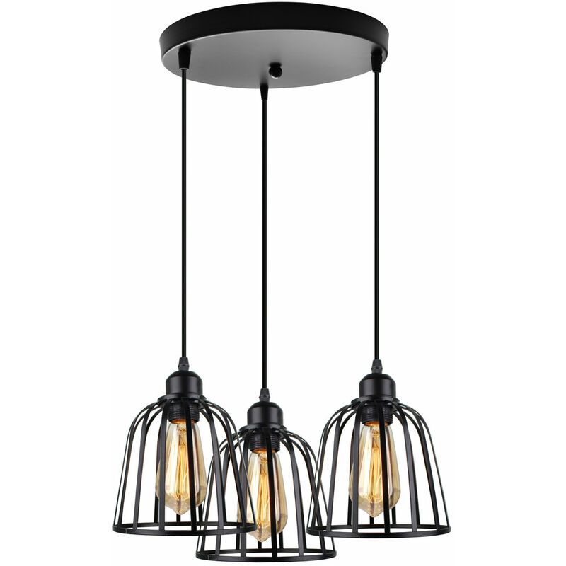 Vintage Pendant Lamp Industrial Pendant Light 3 Lights Antique Ceiling Light Metal Cage Lamp Shade for Cafe Loft Black E27