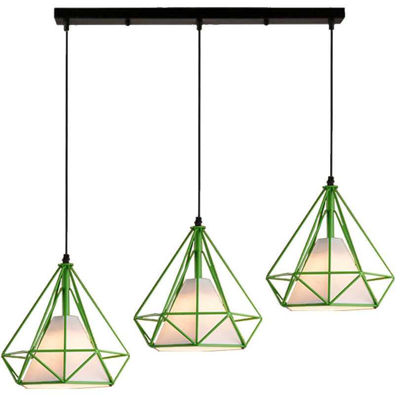 Vintage Pendant Light, 3 Lamp Holders Metal Hanging Ceiling Lamp with Lampshade, Diamond Shape Chandelier (Green)