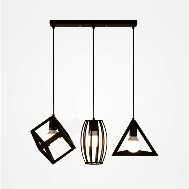 Creative Pendant Light Modern 3 Lights Metal Geometric Hanging Ceiling Lamp Cube Cage Chandelier Fixture (Black)
