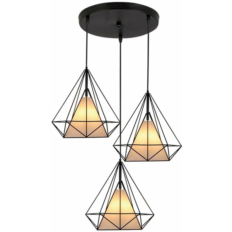 Axhup - Vintage Pendant Light, 3 Lights Spiral Ceiling Lamp with Metal Cage, Diamond Shape Chandelier with Lampshade for Kitchen Island Living Room