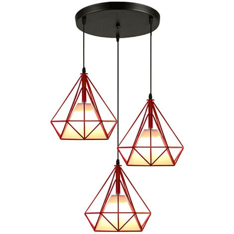 Vintage Pendant Light, 3 Lights Spiral Ceiling Lamp with Metal Cage, Diamond Shape Chandelier with Lampshade for Kitchen Island Living Room (Red)