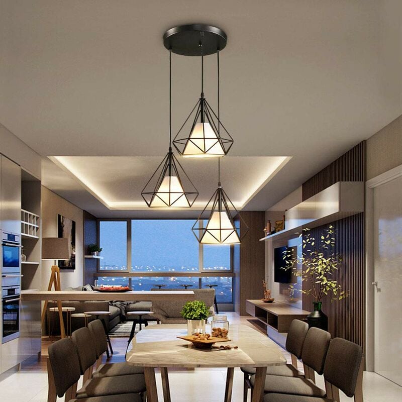 Axhup - Vintage Pendant Light Diamond Shape, 3 Lights Spiral Ceiling Lamp with Metal Cage, Chandelier with Lampshade for Kitchen Island Living Room