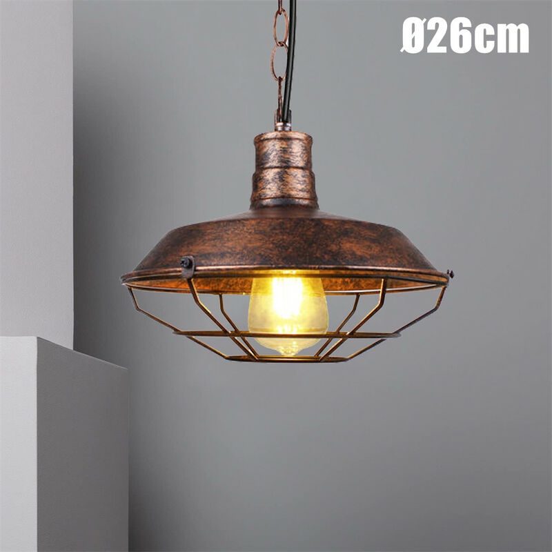 Vintage Pendant Light Fitting, Industrial Metal Hanging Ceiling Lamp, Retro Chandelier With Ø26cm Cage Lamp Shade Fixture For Kitchen Island Loft