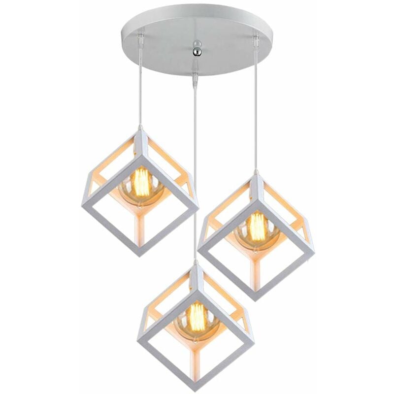 Vintage Pendant Light Fixture 3 Lights Spiral Geometric Square Chandelier Industrial Hanging Ceiling Lamp with Cube Cage for Kitchen Island (White)