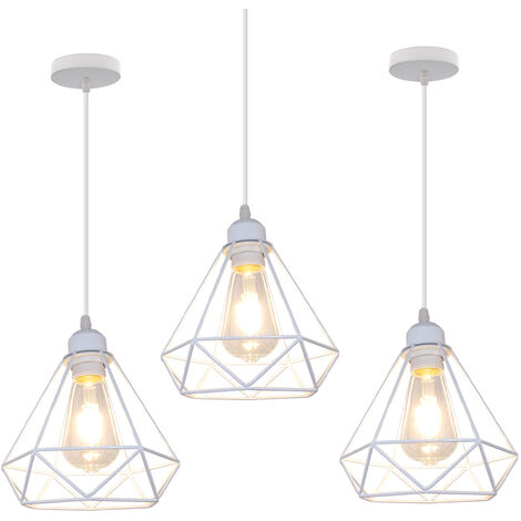 Vintage Pendant Light Fixture, Industrial Hanging Ceiling Lamp with Metal Ø20cm Diamond Cage Lampshade, E27 Holder Chandelier White 3PCS