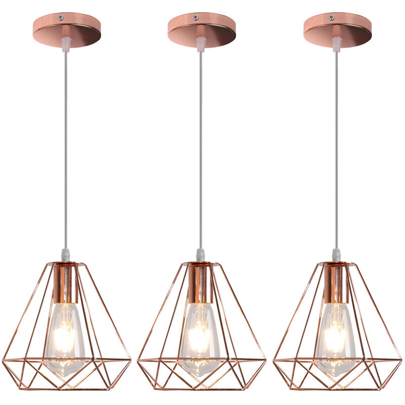 Vintage Pendant Light Industial Ø20cm Diamond Cage Chanderlier Minimalist Metal Lampshade Hanging Ceiling Lamp for Kitchen Island (Rose Gold) 3PCS