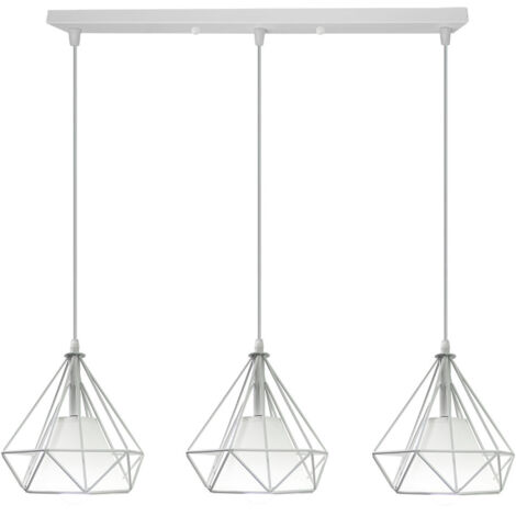 Vintage Pendant Light Retro Pendant Lights, 3 Lamp Holders E27, 20CM Metal Cage Ceiling Lights Diamond Shape Pendant Lights White