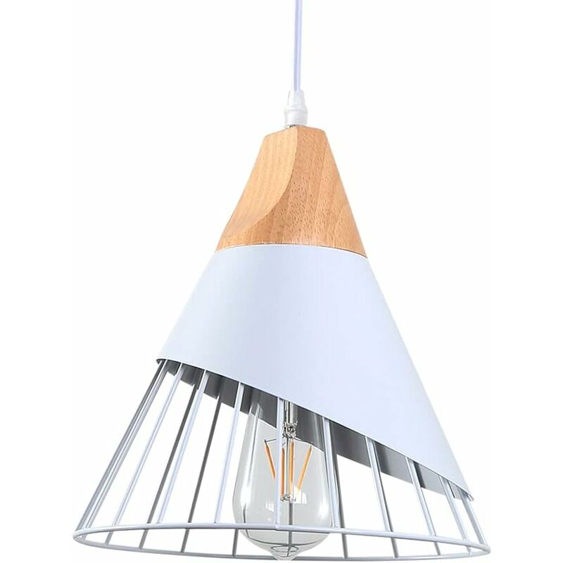 Vintage Pendant Light, Wood Industrial Ceiling Light White Metal Design Pendant Lamps Lampshade E27 Sconce Lighting For Dining Room Kitchen, Hallway