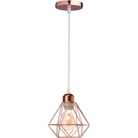 Vintage Pendant Lighting Fixture Ø16cm Mini Diamond Shape Iron Hanging Ceiling Lamp Cage Shade Chandelier for Bedroom Living Room Kitchen Island (Rosegold)