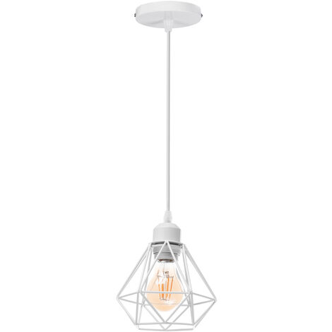 Vintage Pendant Lighting Fixture Ø16cm Mini Diamond Shape Iron Hanging Ceiling Lamp Cage Shade Chandelier for Bedroom Living Room Kitchen Island (White)