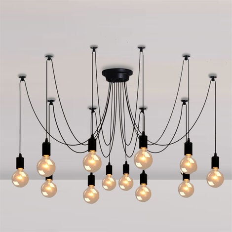 AXHUP Vintage Pendant Lights Antique Edison Chandelier Retro Industrial 12 Lights Ceiling Spider Lamp E27 for Living Room Kitchen Island (Black/200cm)