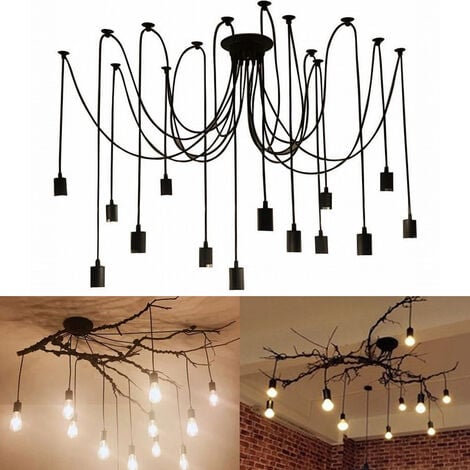 AXHUP Vintage Pendant Lights Antique Edison Chandelier Retro Industrial 14 Lights Ceiling Spider Lamp E27 for Living Room Kitchen Island (Black/200cm)