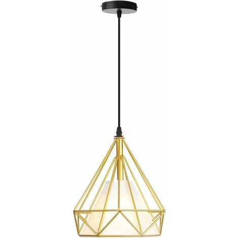 Vintage Pendelleuchte Kronleuchter Retro Metallkäfig Deckenleuchte E27 Rautenförmige Deckenlampen mit Stoffschirm, 25 cm, Gold - Gold