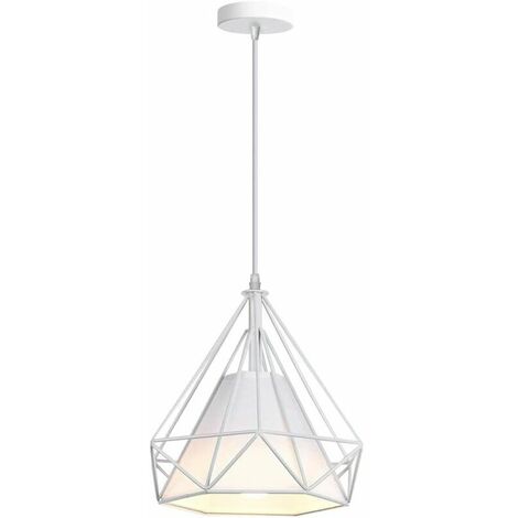 Vintage Pendelleuchte Kronleuchter Retro Metallkäfig Deckenleuchte E27 Rautenförmige Deckenleuchten mit Stoffschirm, 25 cm, Weiß - Weiß