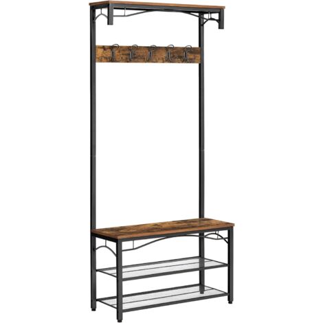 VASAGLE Vestiaire au style rustique, Meuble d’entrée, avec Étagère à chaussures, Banc et Crochets, Armature en métal mat, par SONGMICS HSR45BX - Vintage, Black