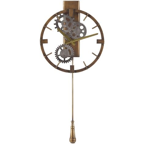 Vintage Retro Wall Pendulum Clock Gold Iron Round Distressed Vintage Marcote - Gold