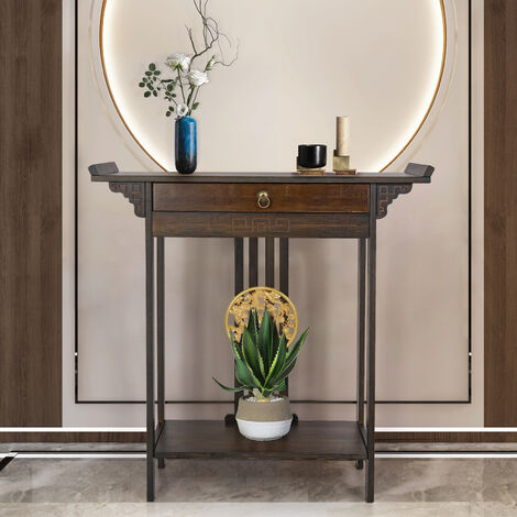 Vintage Rustic Hall Console Table Luxurious Totem Decor with Pull Drawer and Shelf